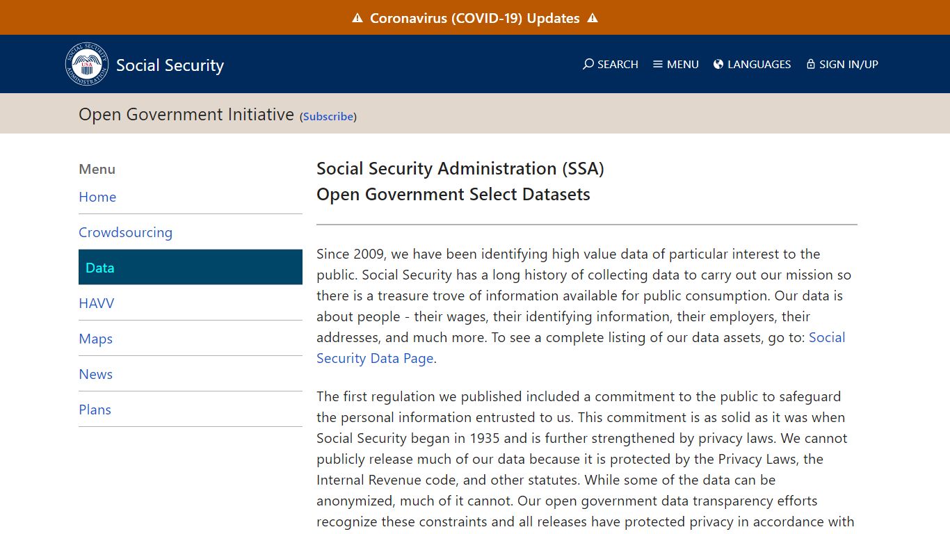 SSA Open Data Public Datasets - Social Security Administration